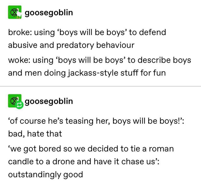 angle - goosegoblin broke using 'boys will be boys' to defend abusive and predatory behaviour woke using 'boys will be boys to describe boys and men doing jackassstyle stuff for fun goosegoblin of course he's teasing her, boys will be boys!' bad, hate tha