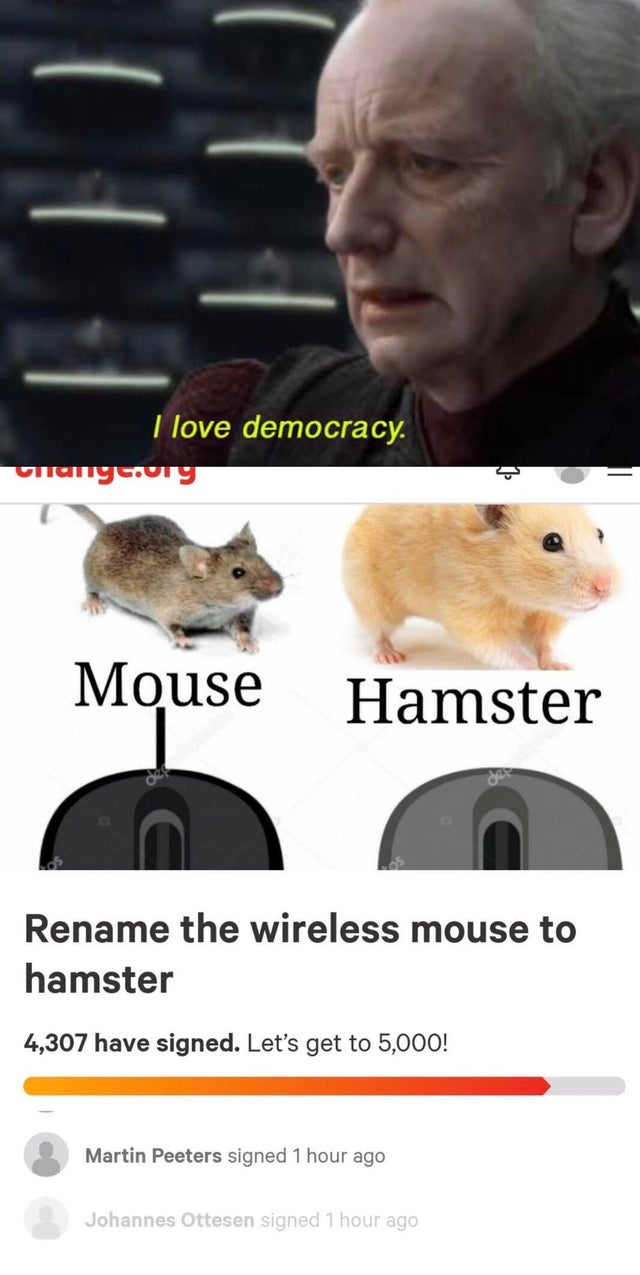 davie504 memes - I love democracy. vruycury Mouse Hamster Rename the wireless mouse to hamster 4,307 have signed. Let's get to 5,000! Martin Peeters signed 1 hour ago Johannes Ottesen signed 1 hour ago