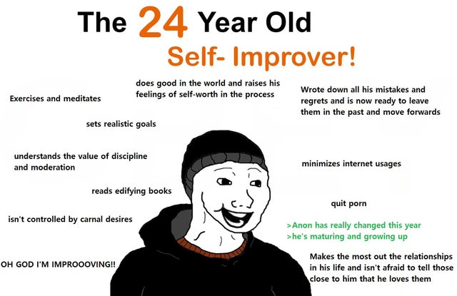 doomer meme - The 24 Year Old Self Improver! does good in the world and raises his feelings of selfworth in the process Exercises and meditates Wrote down all his mistakes and regrets and is now ready to leave them in the past and move forwards sets reali