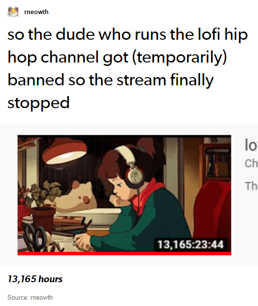 lofi hiphop radio beats to relax study - derneowth so the dude who runs the lofi hip hop channel got temporarily banned so the stream finally stopped of 13,44 13,165 hours Source rneowth