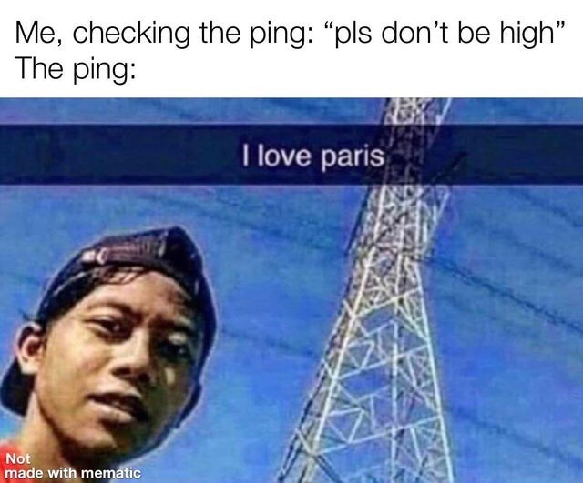 comedyheaven i love paris - Me, checking the ping pls don't be high" The ping I love paris Not made with mematic