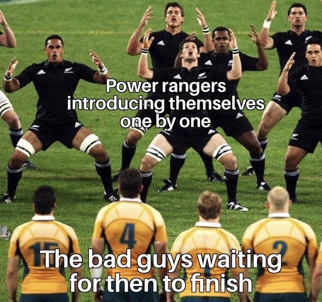 rugby australia vs new zealand - Power rangers introducing themselves one by one The bad guys waiting for then to finish