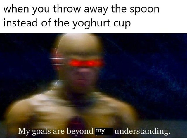 my goals are beyond your understanding - when you throw away the spoon instead of the yoghurt cup My goals are beyond my understanding.