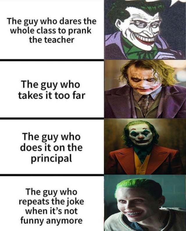 head - The guy who dares the whole class to prank the teacher The guy who takes it too far The guy who does it on the principal The guy who repeats the joke when it's not funny anymore