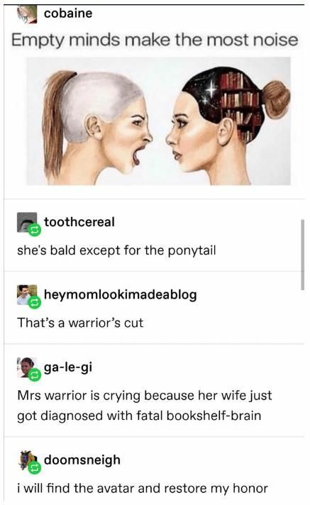 empty minds make the most noise - cobaine Empty minds make the most noise toothcereal she's bald except for the ponytail heymomlookimadeablog That's a warrior's cut galegi Mrs warrior is crying because her wife just got diagnosed with fatal bookshelfbrain