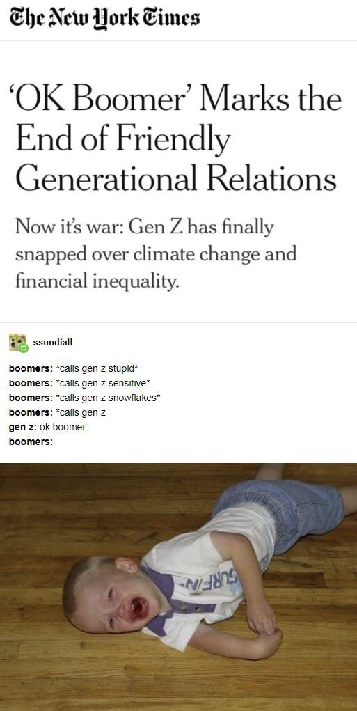 ok boomer tumblr post - The New York Times Ok Boomer' Marks the End of Friendly Generational Relations Now it's war Gen Z has finally snapped over climate change and financial inequality. ssundial boomers calls gen z stupid boomers calls gen z sensitive b