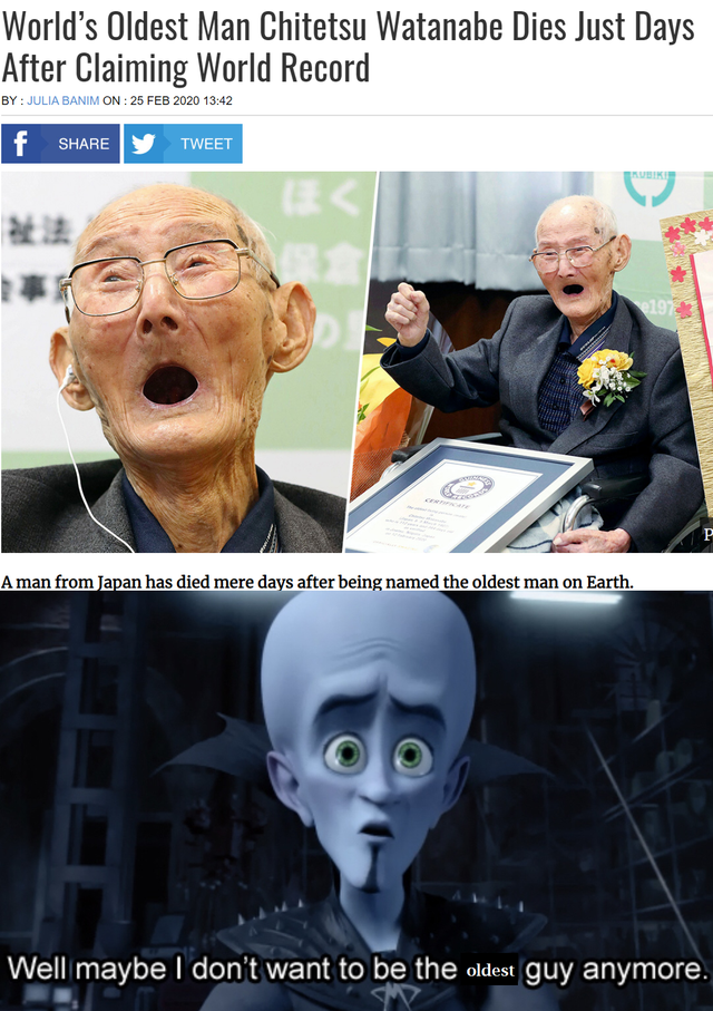 florida man meme ww3 - World's Oldest Man Chitetsu Watanabe Dies Just Days After Claiming World Record Byla Balon Fer 2020 3.2 f Y Tweet Aman from Japan has died mere days after being named the oldest man on Earth. Well maybe I don't want to be the oldest