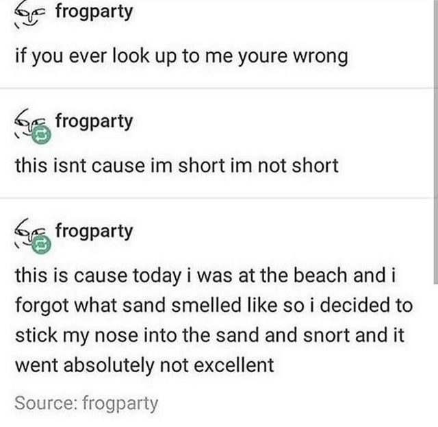 random memes - snort sand - Go frogparty if you ever look up to me youre wrong frogparty this isnt cause im short im not short frogparty this is cause today i was at the beach and i forgot what sand smelled so i decided to stick my nose into the sand and 