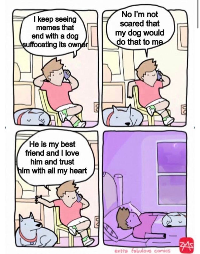extra fabulous comics - I keep seeing memes that end with a dog Buffocating its owner No I'm not scared that my dog would do that to me He is my best friend and I love him and trust him with all my heart Zas extra fabulous Comics