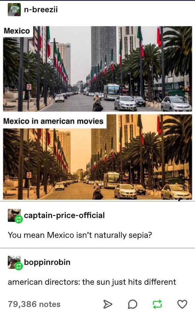 mexico in american movies meme - nbreezii Mexico Mexico in american movies captainpriceofficial You mean Mexico isn't naturally sepia? pa boppinrobin american directors the sun just hits different 79,386 notes > D