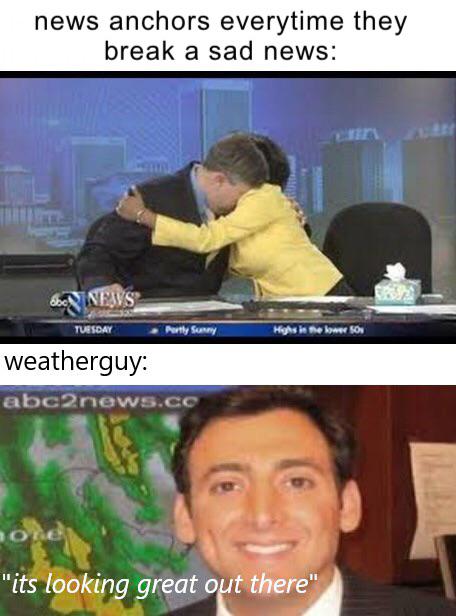 photo caption - news anchors everytime they break a sad news Sonnens Tuesday Partly Sunny Highs is the lower son weatherguy abc2news.co "its looking great out there"