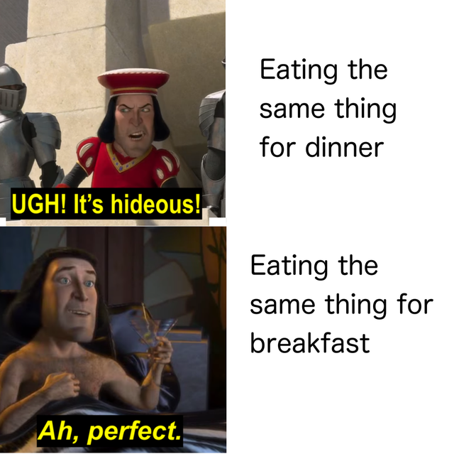 lord farquaad its hideous - Eating the same thing for dinner Ugh! It's hideous! Eating the same thing for breakfast Ah, perfect.
