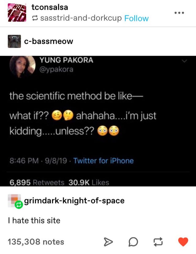 relationship twitter quotes - tconsalsa sasstridanddorkcup cbassmeow Yung Pakora the scientific method be what if?? ahahaha....i'm just 'kidding.....unless?? 20 9819 . Twitter for iPhone 6,895 agrimdarkknightofspace I hate this site 135,308 notes > 0