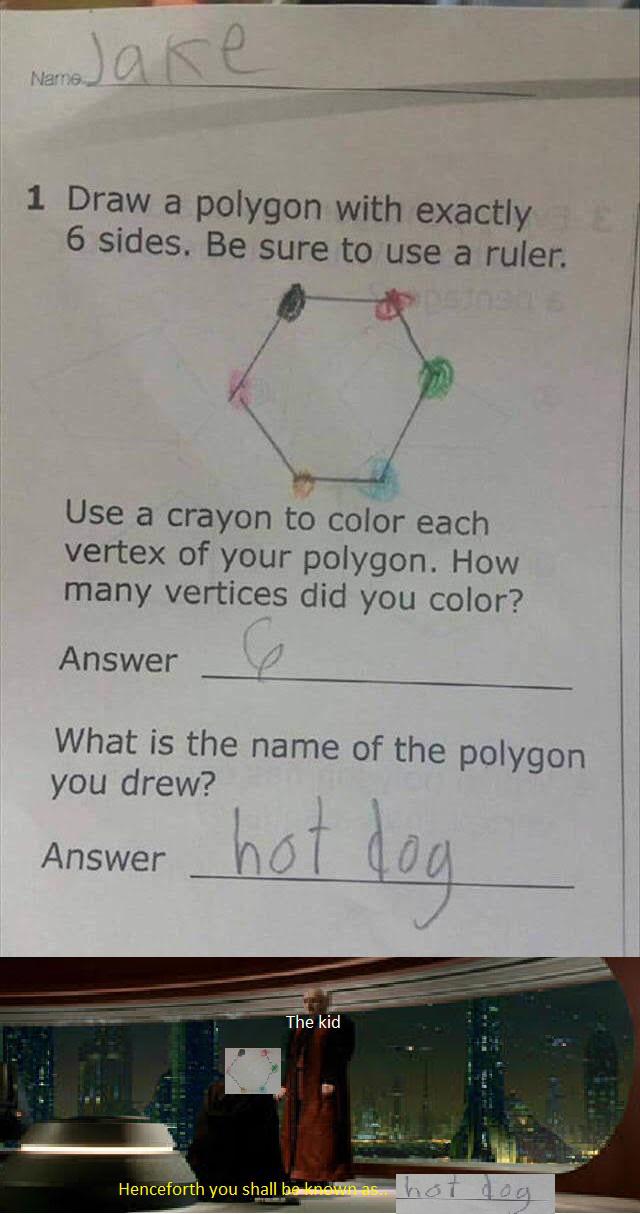 Drawing - Name 1 Draw a polygon with exactly 6 sides. Be sure to use a ruler. Use a crayon to color each vertex of your polygon. How many vertices did you color? Answer What is the name of the polygon you drew? Answer 000 The kid Henceforth you shall be k