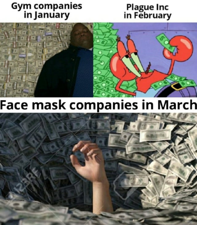 photo caption - Gym companies in January Plague Inc in February Face mask companies in March