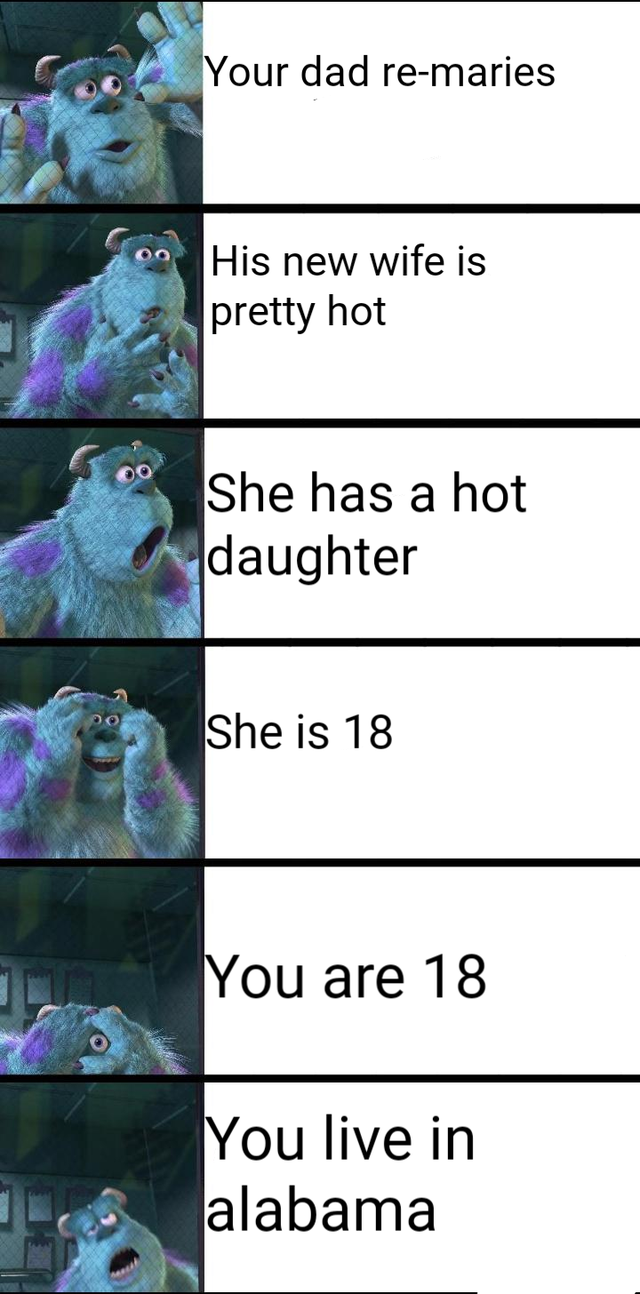 monster inc - Your dad remaries on His new wife is pretty hot She has a hot daughter She is 18 You are 18 You live in alabama