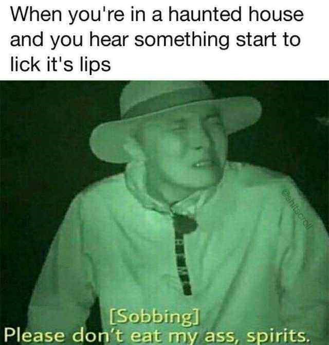 please dont eat my ass spirits meme - When you're in a haunted house and you hear something start to lick it's lips Cahitscroll Sobbing Please don't eat my ass, spirits.