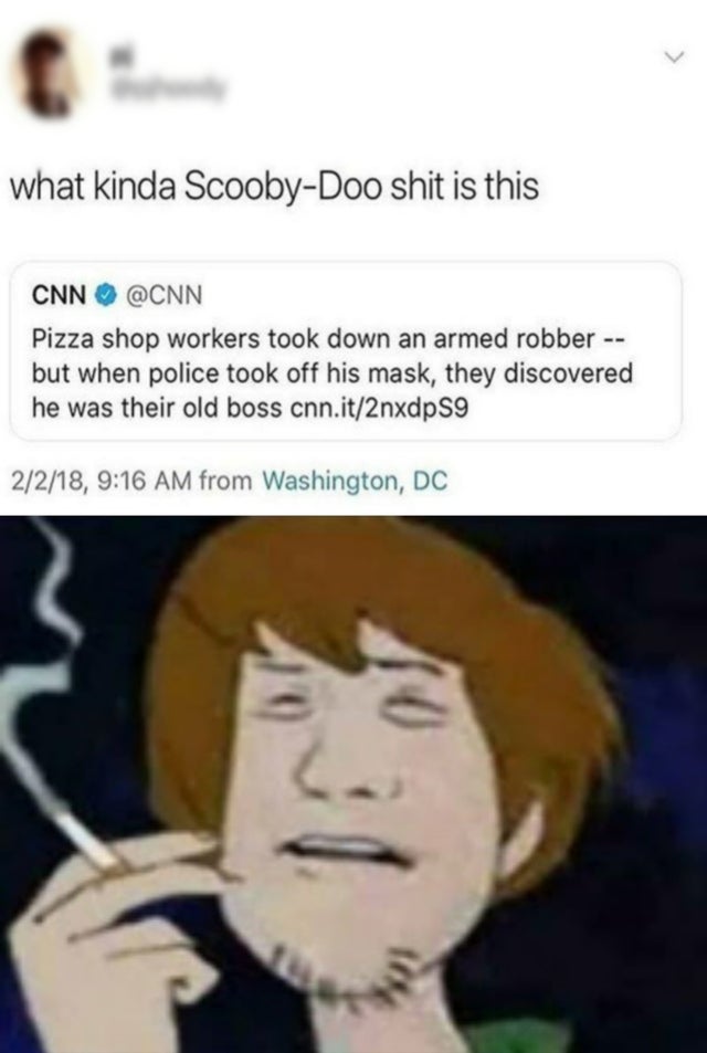 bruh weed - what kinda ScoobyDoo shit is this Cnn Pizza shop workers took down an armed robber but when police took off his mask, they discovered he was their old boss cnn.it2nxdpS9 2218, from Washington, Dc