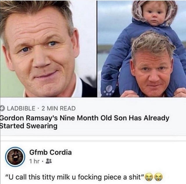 gordon ramsay son meme - > Ladbible 2 Min Read Gordon Ramsay's Nine Month Old Son Has Already Started Swearing G Gimb Cordia 1 hr. "U call this titty milk u focking piece a shit"