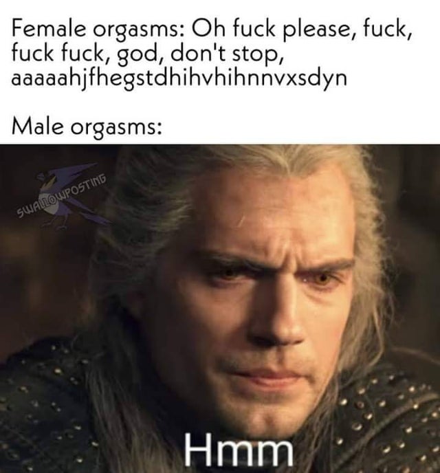 witcher memes - Female orgasms Oh fuck please, fuck, fuck fuck, god, don't stop, aaaaahjfhegstdhihvhihnnvxsdyn Male orgasms Swallowposting Hmm