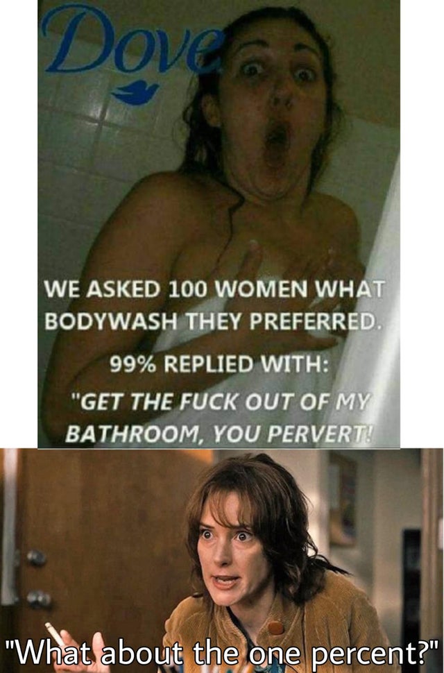 Internet meme - Pov We Asked 100 Women What Bodywash They Preferred. 99% Replied With "Get The Fuck Out Of My Bathroom, You Pervert! "What about the one percent?"