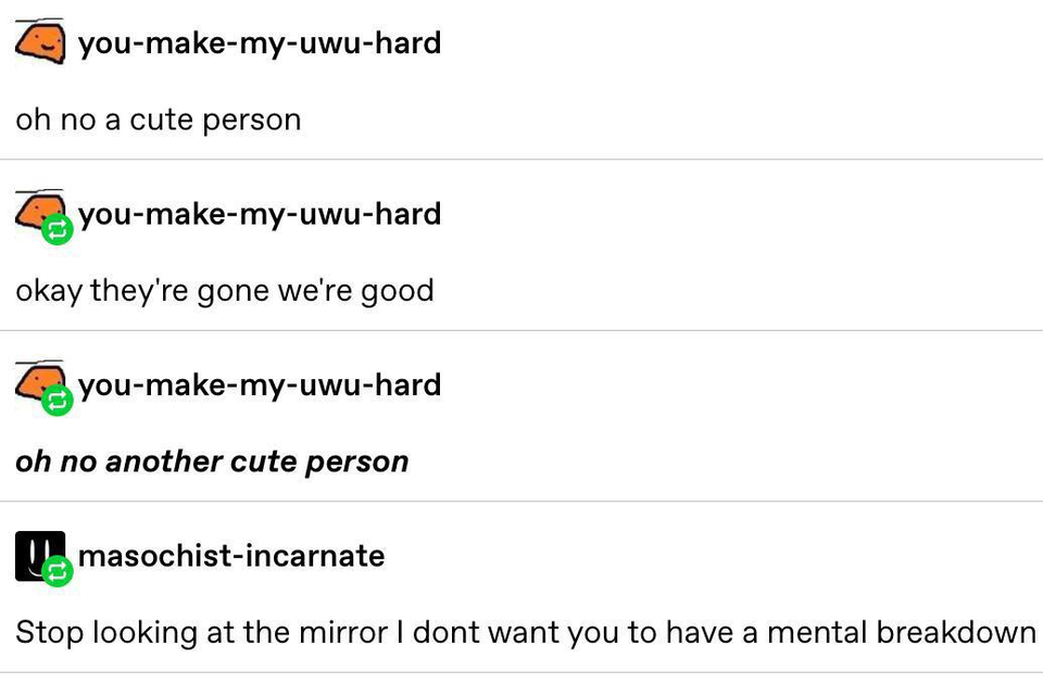 wholesome memes - youmakemyuwuhard oh no a cute person youmakemyuwuhard okay they're gone we're good youmakemyuwuhard oh no another cute person masochistincarnate Stop looking at the mirror I dont want you to have a mental breakdown