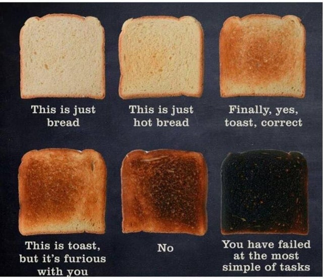 Food - This is just bread This is just hot bread Finally, yes, toast, correct No This is toast, but it's furious with you You have failed at the most simple of tasks