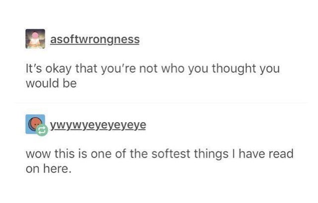 document - asoftwrongness It's okay that you're not who you thought you would be Cywywyeyeyeyeye wow this is one of the softest things I have read on here.