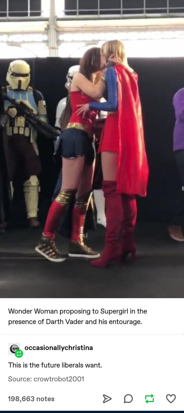 wonder woman proposes to supergirl - Wonder Woman proposing to Supergirl in the presence of Darth Vader and his entourage. er occasionallychristina This is the future liberals want. Source crowtrobot2001 198,663 notes