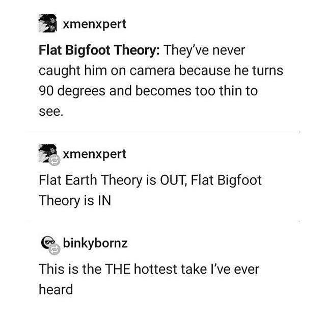 conspiracy theories - xmenxpert Flat Bigfoot Theory They've never caught him on camera because he turns 90 degrees and becomes too thin to see. xmenxpert Flat Earth Theory is Out, Flat Bigfoot Theory is In er binkybornz This is the The hottest take I've e