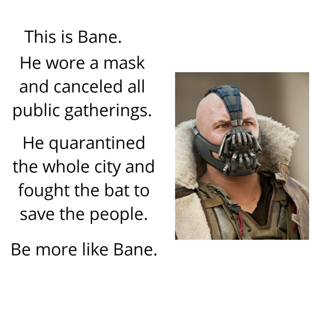 Bane - This is Bane. He wore a mask and canceled all public gatherings. He quarantined the whole city and fought the bat to save the people. Be more Bane.