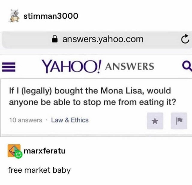 universidad francisco de vitoria - stimman3000 answers.yahoo.com Yahoo! Answers Q If I legally bought the Mona Lisa, would anyone be able to stop me from eating it? 10 answers Law & Ethics marxferatu free market baby