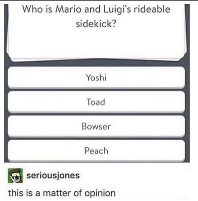 paper - Who is Mario and Luigi's rideable sidekick? Yoshi Toad Bowser Peach seriousjones this is a matter of opinion