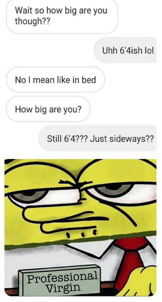 spongebob professional meme - Wait so how big are you though?? Uhh 6'4ish lol No I mean in bed How big are you? Still 6'4??? Just sideways?? Professional Virgin