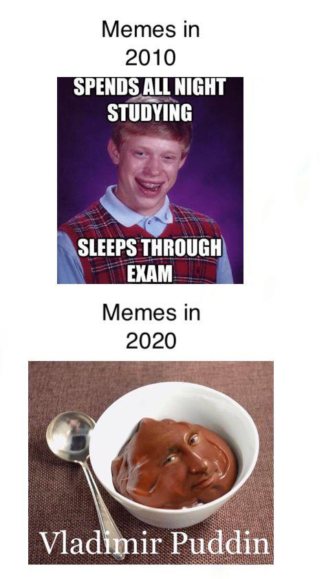 photo caption - Memes in 2010 Spends All Night Studying Sleeps Through Exam Memes in 2020 Vladimir Puddin