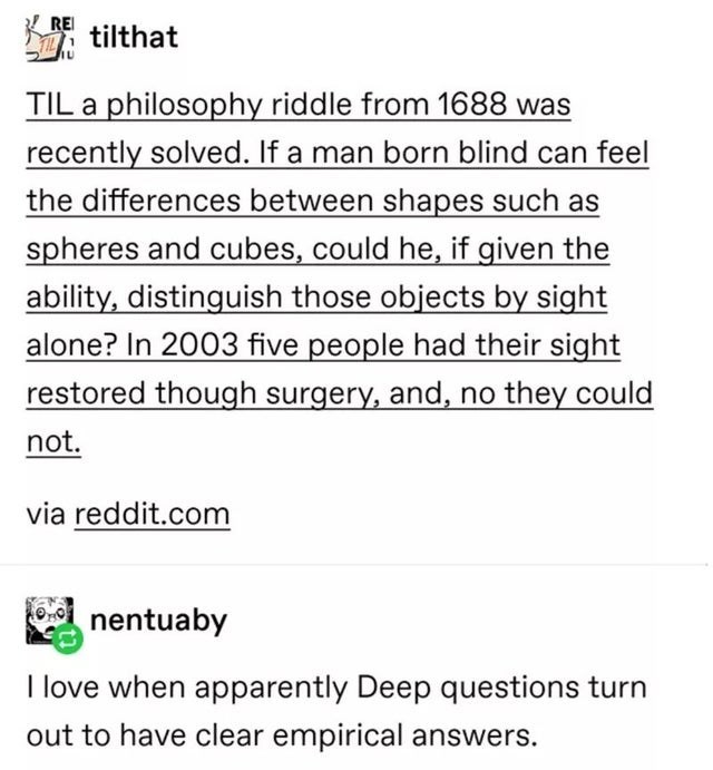tilthat Til a philosophy riddle from 1688 was recently solved. If a man born blind can feel the differences between shapes such as spheres and cubes, could he, if given the ability, distinguish those objects by sight alone? In 2003 five people had their…