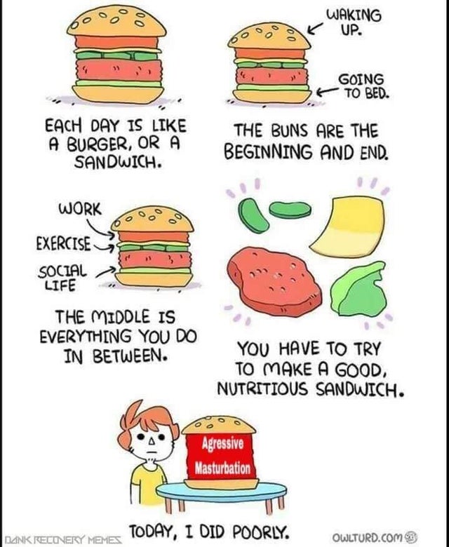 each day is like a burger - Ooo Waking Up. Going To Bed. Each Day Is A Burger, Or A Sandwich. The Buns Are The Beginning And End. Work Exercise Social Life The Middle Is Everything You Do In Between. You Have To Try To Make A Good, Nutritious Sandwich. Ag