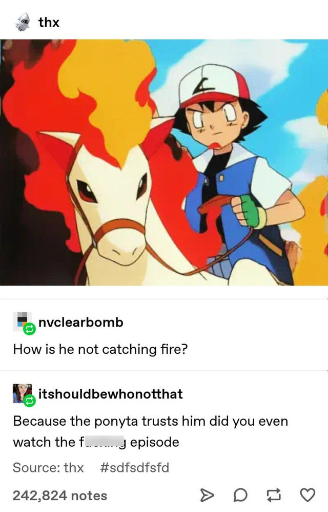 ponyta meme - thx nvclearbomb How is he not catching fire? Vitshouldbewhonotthat Because the ponyta trusts him did you even watch the f........ episode Source thx 242,824 notes