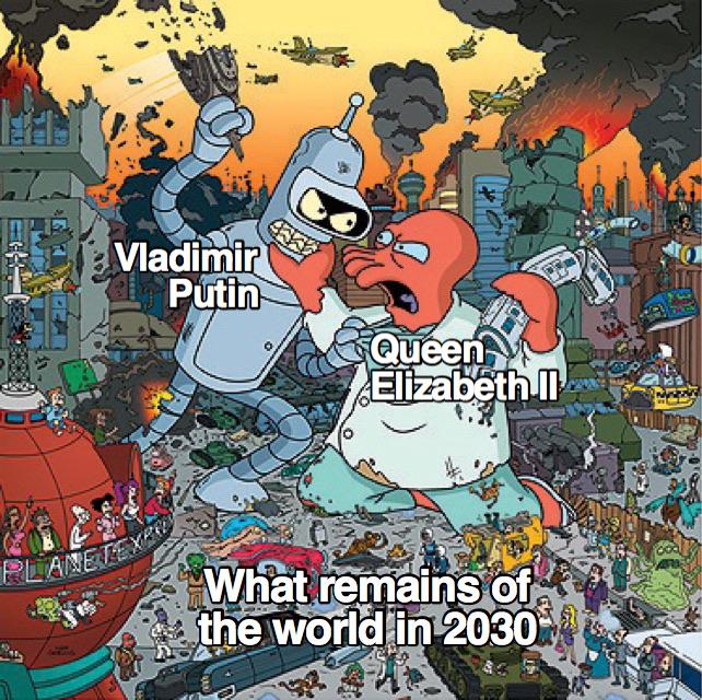 giant bender futurama - Vladimir Putin Queen the Elizabeth Lanetex What remains of the world in 20303