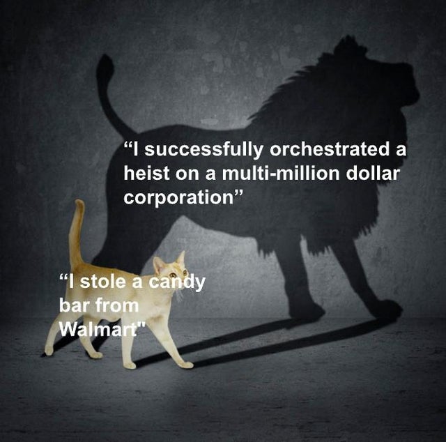 cat with lion shadow - "I successfully orchestrated a heist on a multimillion dollar corporation" "I stole a candy bar from Walmart"