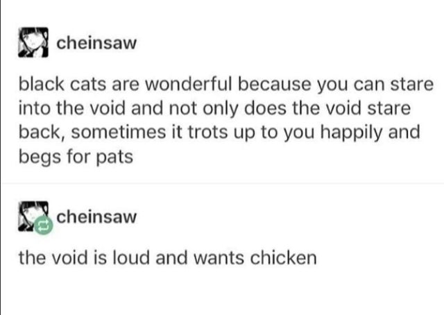 tumblr - black cats are wonderful because you can stare into the void and not only does the void stare back, sometimes it trots up to you happily and begs for pats - the void is loud and wants chicken