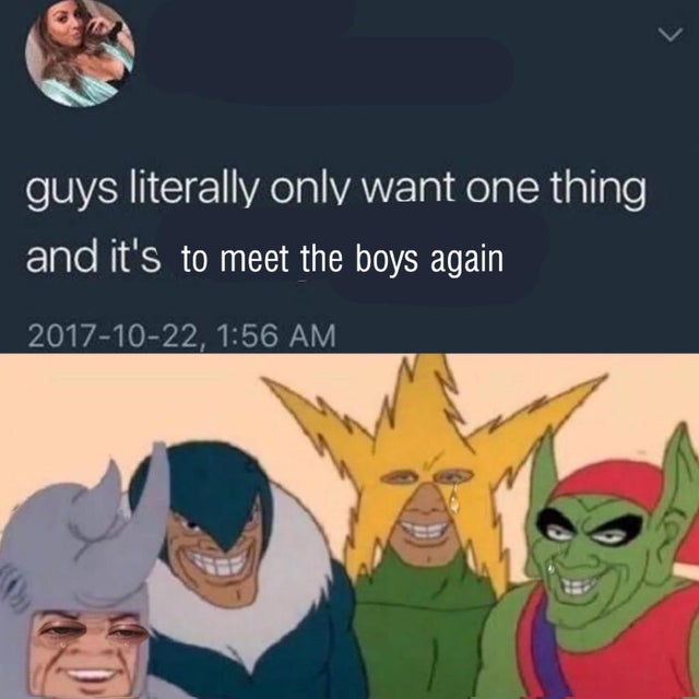 boys meme - guys literally only want one thing and it's to meet the boys again ,