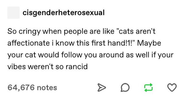 JSON - cisgenderheterosexual So cringy when people are "cats aren't affectionate i know this first hand!1!" Maybe your cat would you around as well if your vibes weren't so rancid 64,676 notes > D