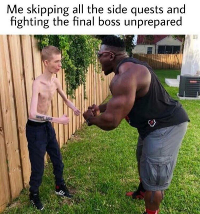 funny paycheck memes - Me skipping all the side quests and fighting the final boss unprepared