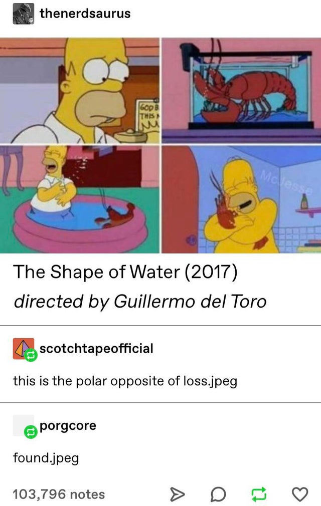 The Shape of Water - thenerdsaurus The Shape of Water 2017 directed by Guillermo del Toro scotchtapeofficial this is the polar opposite of loss.jpeg porgcore found.jpeg 103,796 notes > D
