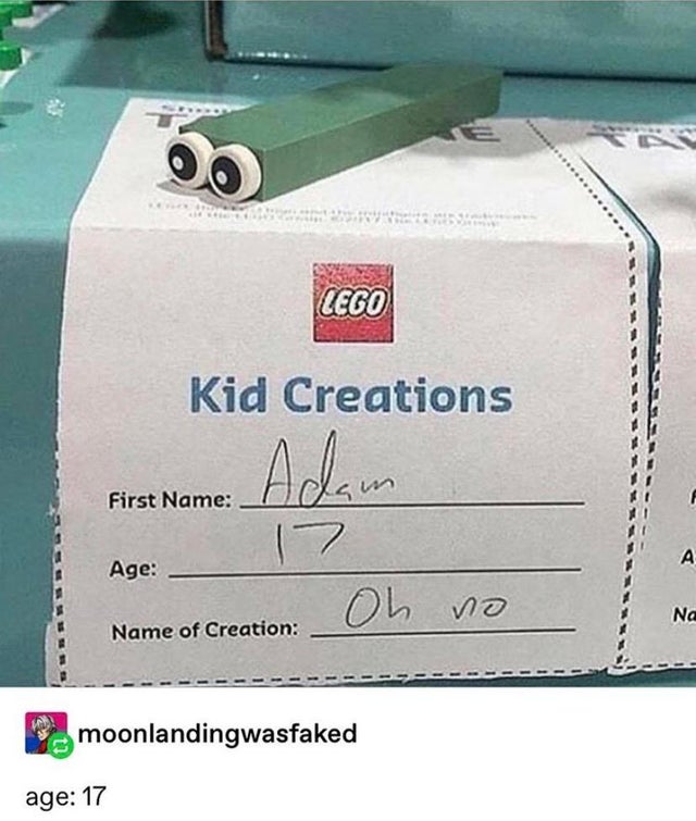 Humour - 00 Lego Kid Creations Ada First Name Age Oh no Na Name of Creation moonlandingwasfaked age 17