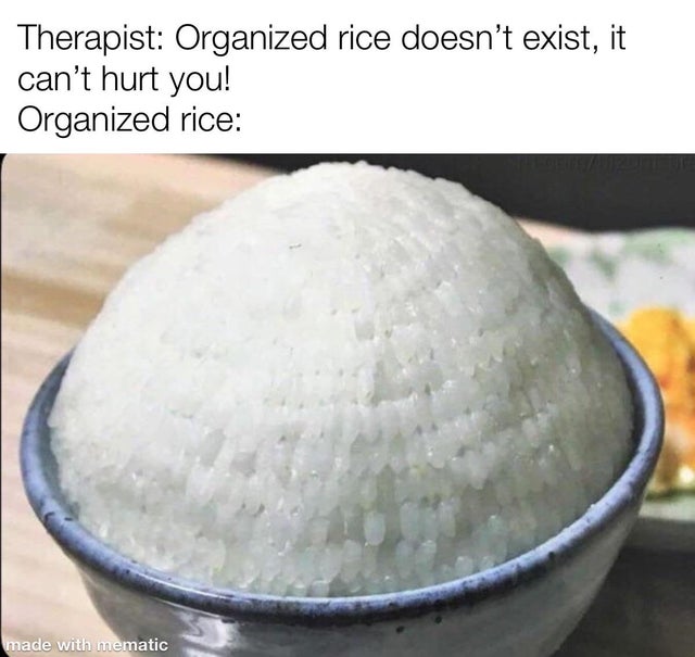 adderall rice meme - Therapist Organized rice doesn't exist, it can't hurt you! Organized rice made with mematic
