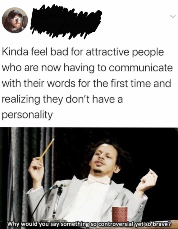 would you say something so controversial yet so brave - Kinda feel bad for attractive people who are now having to communicate with their words for the first time and realizing they don't have a personality Why would you say something so controversial yet
