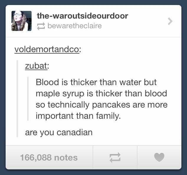 blood is thicker than water - thewaroutsideourdoor bewaretheclaire voldemortandco zubat Blood is thicker than water but maple syrup is thicker than blood so technically pancakes are more important than family. are you canadian 166,088 notes