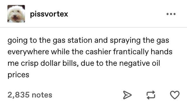 document - pissvortex going to the gas station and spraying the gas everywhere while the cashier frantically hands me crisp dollar bills, due to the negative oil prices 2,835 notes